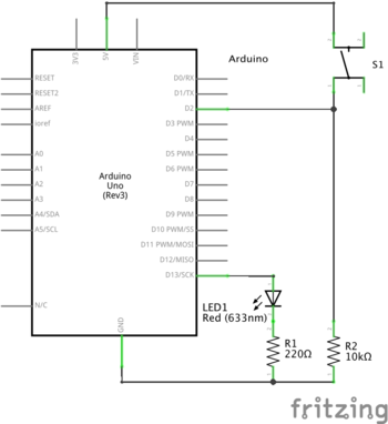 Button aan Arduino pin 2 (HIGH als actief)